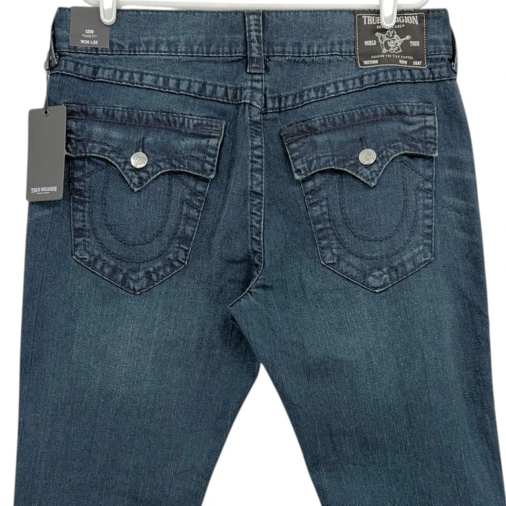 True Religion Men's Geno Relaxed Slim Big T Blue Denim Jeans 36x32 NWT $199.00